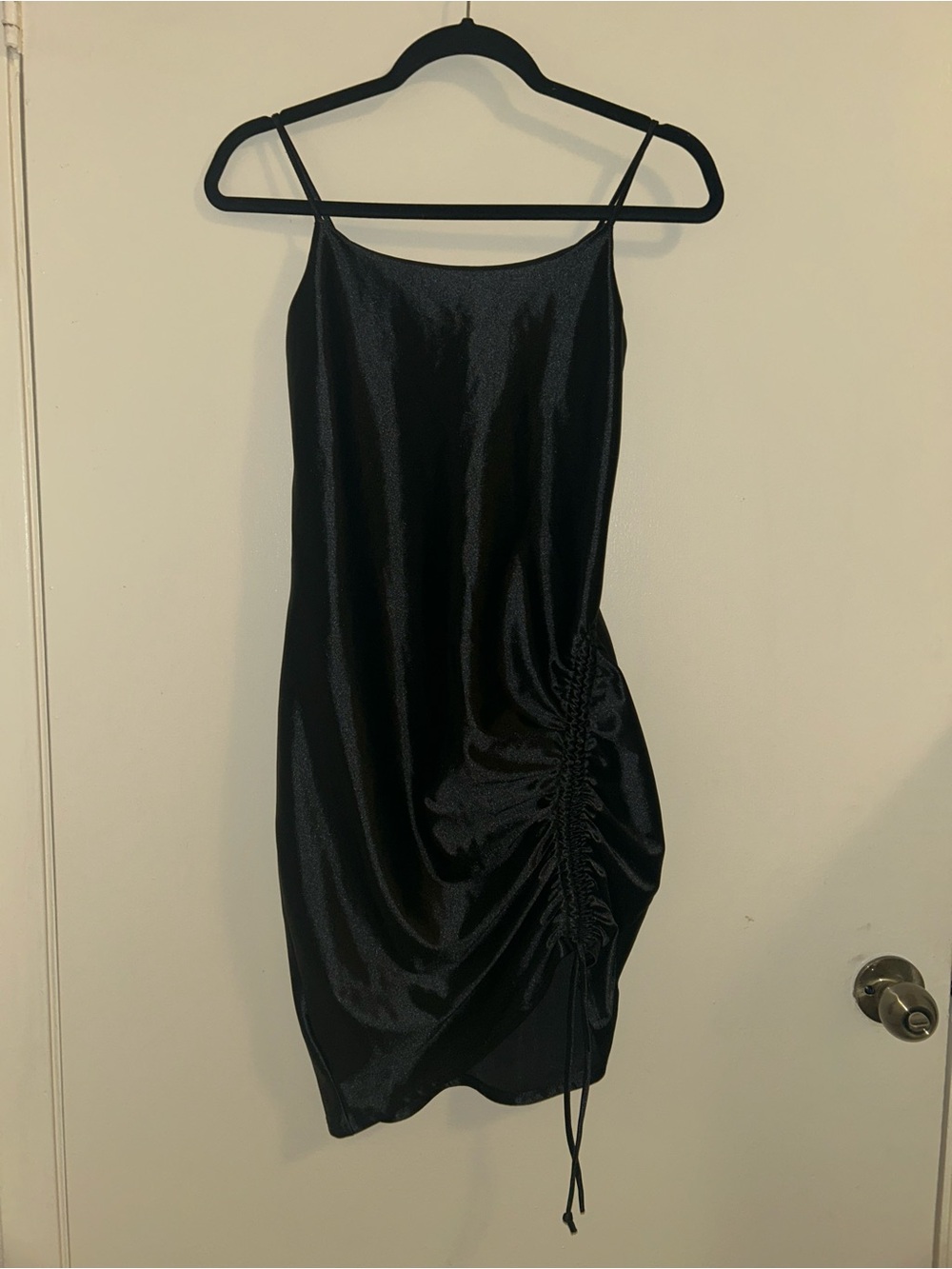 Satin Ruched Slip Dress in Black